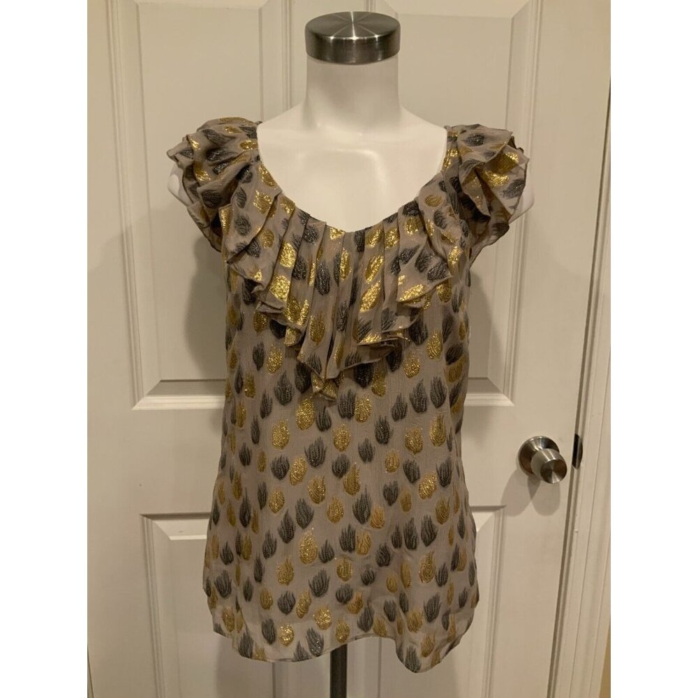 Leifsdottir Tan Tank Top W/ Gold & Silver Metallic Leaf Pattern, Size 2 (US)